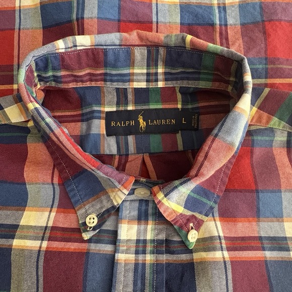 Ralph Lauren Shirt Madras Plaid Button Down Flesh-Color Pony Red Multi Men's L - Picture 6 of 8